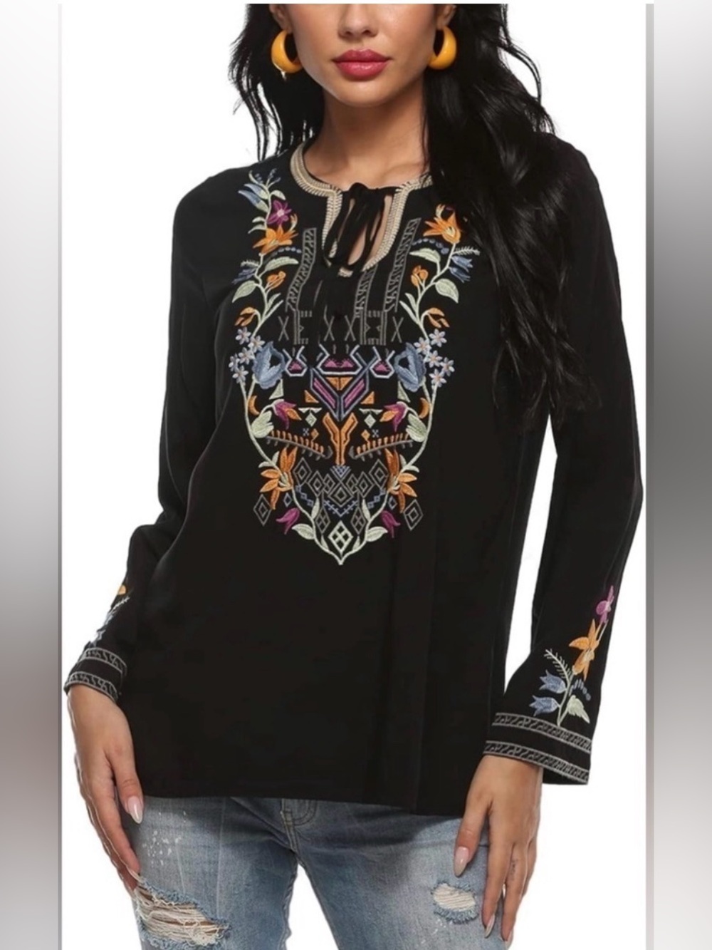 AK Boho Embroidered Mexican Tops Long Sleeve Peasant Loose Tunics Blouse S